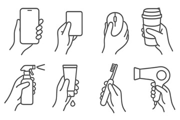 Hands holding daily objects, technology gadgets, and personal care products in outline style