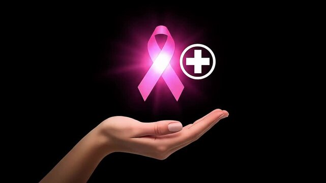 A glowing pink ribbon symbol floats above an open palm, with a circular plus sign beside it, emblem