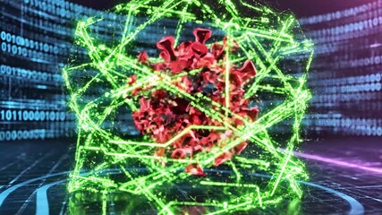 A glowing emeraldgreen lattice cube encases a red virus particle amid digital blue data streams now - Powered by Adobe