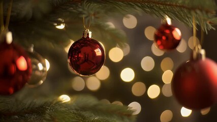 Festive gold Christmas ball ornaments and winter snow decorations on a red background branch - Powered by Adobe