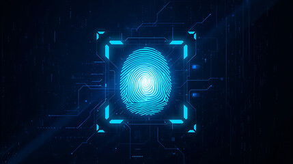 Futuristic fingerprint scanning technology with glowing blue interface and digital circuit background