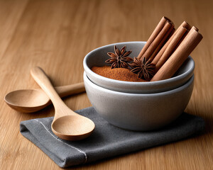 Cinnamon stick star anise ground spice ceramic bowl wooden spoon kitchen napkin warm brown background aromatic cooking