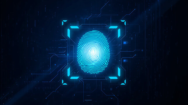 Futuristic fingerprint scanning technology with glowing blue interface and digital circuit background