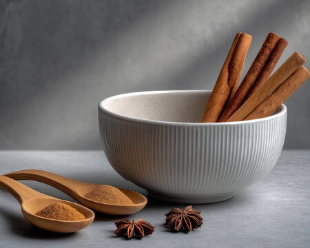 Cinnamon stick, star anise, and ground spice in wooden spoon with white ceramic bowl on gray background, warm and inviting - Powered by Adobe