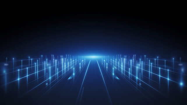 Futuristic Network Communication Tunnel with Blue Light Trails and Data Transmission Visualization - Powered by Adobe