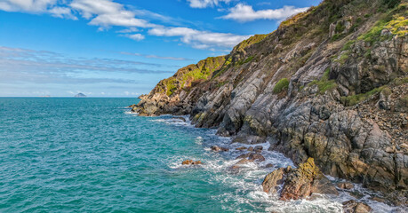 Vietnam Coastal Landscape, Ocean View in Vietnam, Waves Crashing on Mossy Rocks, Smooth Long Exposure Sea Waves, White Waves Hitting Rocky Shore, Vietnam Coastal Road