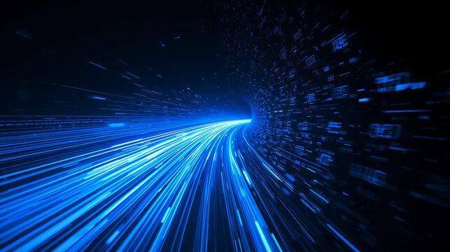 Futuristic technology tunnel with blue light speed data transmission and digital binary code matrix