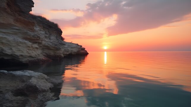 Seaside cliff with colorful sunset reflection on calm water under pastel sky creating dramatic coastal sunset panorama sunset over the ocean - Powered by Adobe