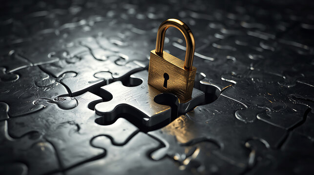 Golden padlock on a silver jigsaw puzzle piece representing security and protection