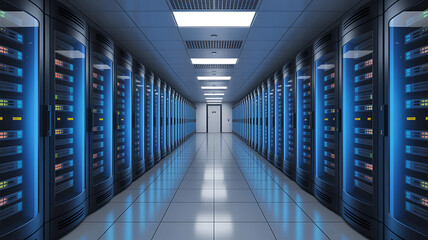 Server Room Data Center Hosting Cloud Computing Network with Rows of Rack Servers