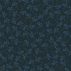 Hand drawn pattern with blue berries and green leaves on dark background. Vector illustration , plants pattern.