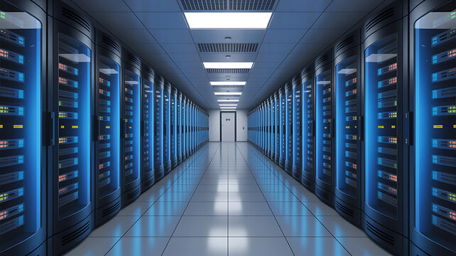 Server Room Data Center Hosting Cloud Computing Network with Rows of Rack Servers