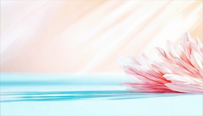 A close-up of delicate pink feathers arranged on a smooth, pastel blue surface. Soft, diffused light creates gentle rays across the background, casting subtle s