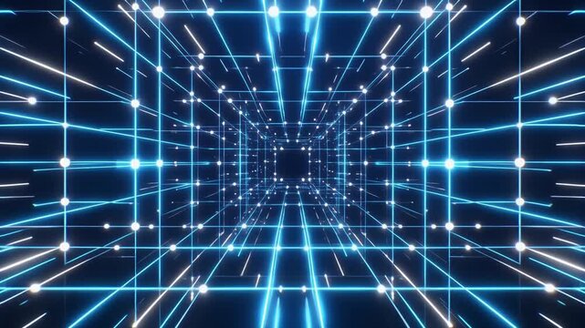 Abstract visualization of a futuristic data stream tunnel with glowing blue neon grid lines