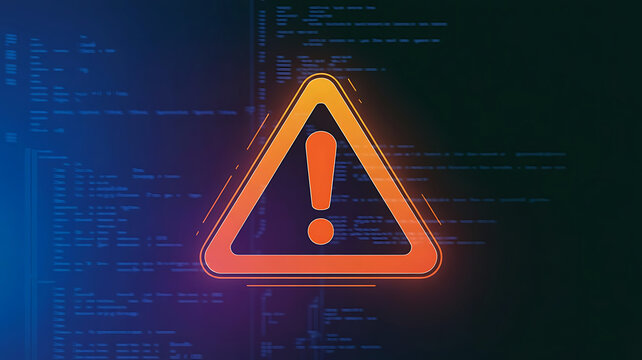 Software system failure warning sign with error message and orange triangle symbol illustration