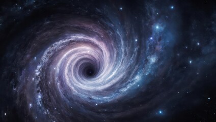 Fototapeta premium A swirling galaxy, dark central void, and myriad stars. Spiral arms of nebulae in hues of purple, blue, and white. Cosmic dust and light throughout