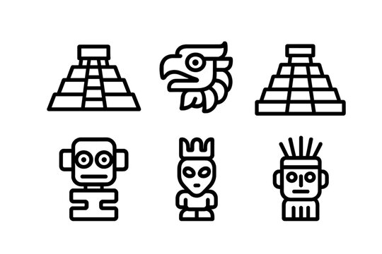 Ancient Mesoamerican Civilization Symbols and Icons Set Featuring Pyramids, Eagle Head, and Tribal Figures