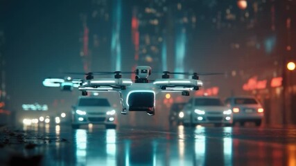 A quadcopter drone hovers over a neon-lit city street at night, with cars and wet reflections. - Powered by Adobe