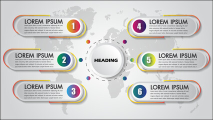 Global Infographic With Six Highlighted Steps And Central Heading On World Map © RANA