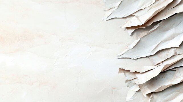 A close-up view of a stack of torn, aged paper edges on a textured, neutral background with soft, diffused lighting.