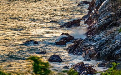 Vietnam Coastal Landscape, Ocean View in Vietnam, Waves Crashing on Mossy Rocks, Smooth Long Exposure Sea Waves, White Waves Hitting Rocky Shore, Vietnam Coastal Road