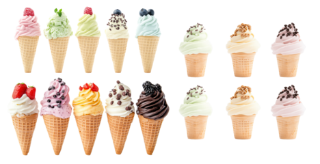 Various ice cream cones in multiple flavors and colors with fruit and chocolate toppings, isolated on a white background.