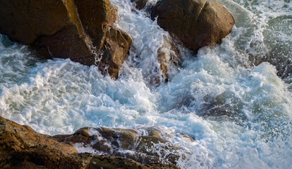 Vietnam Coastal Landscape, Ocean View in Vietnam, Waves Crashing on Mossy Rocks, Smooth Long Exposure Sea Waves, White Waves Hitting Rocky Shore, Vietnam Coastal Road