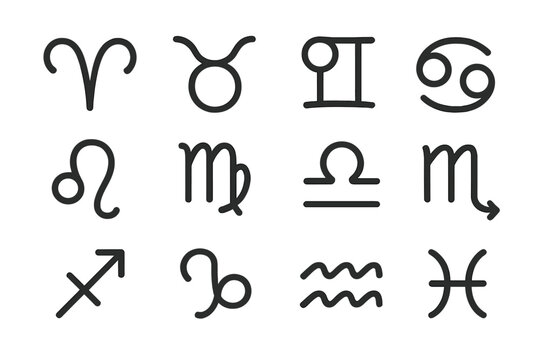 Twelve simple outline icons of astrological zodiac constellations and horoscope signs