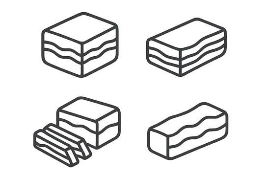 Isometric outline icons of raw meat blocks, including bacon and lard, with one piece sliced
