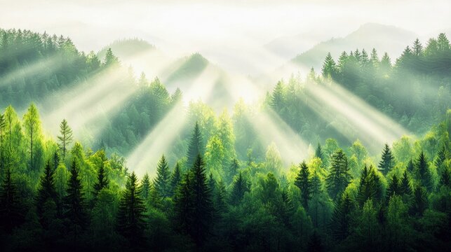 Sunbeams stream through a misty, lush green forest covering rolling hills and mountains. The light creates an ethereal and serene atmosphere. - Powered by Adobe