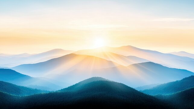 Layers of blue mountains fade into the distance, with the sun rising and casting golden rays through the morning mist. The sky transitions from pale blue to war - Powered by Adobe