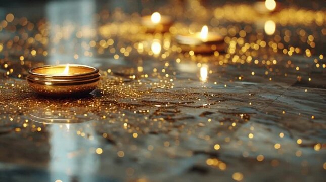 Close-up of lit diyas on a wet surface with golden diwali decorations