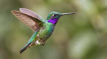 Fototapeta premium Close up of a colorful hummingbird hovering in flight with iridescent green body and purple throat against a blurred nature background