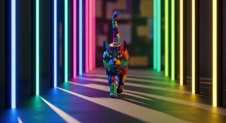 Vibrant feline adventure a psychedelic cat strides through a luminous tunnel of neon colors