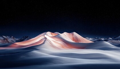A surreal landscape of undulating desert dunes under a dark, starry night sky. The dunes are illuminated with warm, glowing light, creating dramatic shadows and