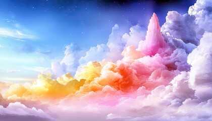 A fantastical, pixelated castle structure rises from vibrant, dreamlike clouds illuminated by sunset colors, set against a twilight sky with stars.
