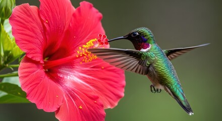 Fototapeta premium Hummingbird's nectar quest a symphony of color and motion in nature's embrace