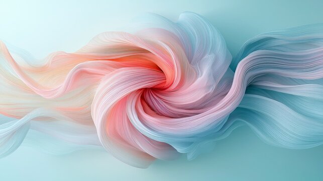 An abstract swirling pattern of delicate, translucent fabric in shades of pink, coral, and light blue, creating a sense of fluid motion and gentle energy.
