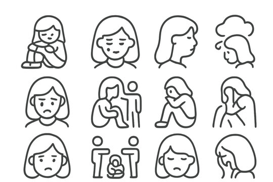 Icons of sadness, depression, anxiety, and mental health issues affecting women