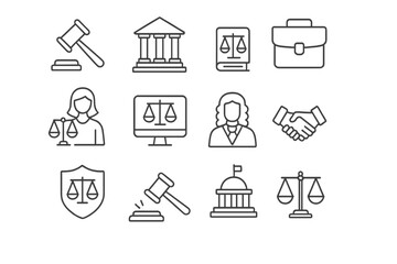 Law, justice, and legal system outline symbols for court and attorney services