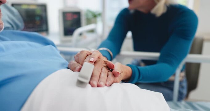 Medical, support or old couple in hospital with hand holding, connection or empathy for patient diagnosis. Healthcare, senior or people on bed with compassion, unity or comfort in operation results.
