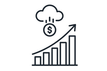 Financial growth from cloud computing with dollar rain over rising bar chart