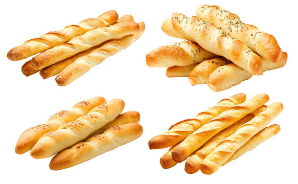 Set of Golden-brown freshly baked baguettes placed isolated on a white transparent background. Represents bakery, bread, and culinary delight concepts