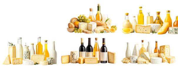 Assorted cheeses, bread, grapes, and beverages arranged with a picnic basket and checkered cloth isolated on white background, concept of picnic essentials