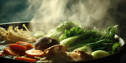Steaming hot pot with fresh vegetables and mushrooms, ready to eat. A delicious and healthy meal is ready to be enjoyed, featuring fresh ingredients and flavorful broth.