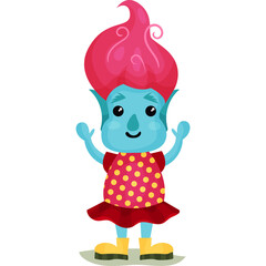 Whimsical cartoon creature with bright blue skin and a tall pink hairstyle adorned in a polka dot dress and yellow boots standing against a transparent background celebrating joyfully