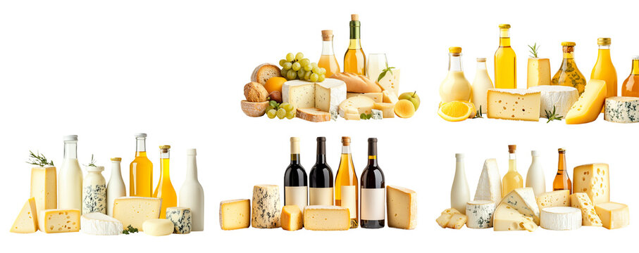 Assorted cheeses, bread, grapes, and beverages arranged with a picnic basket and checkered cloth isolated on white background, concept of picnic essentials