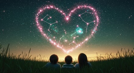 Family gazing at heart shaped constellation in night sky concept