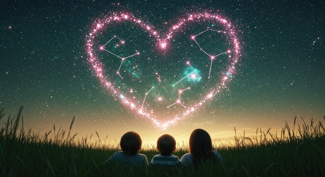 Family gazing at heart shaped constellation in night sky concept