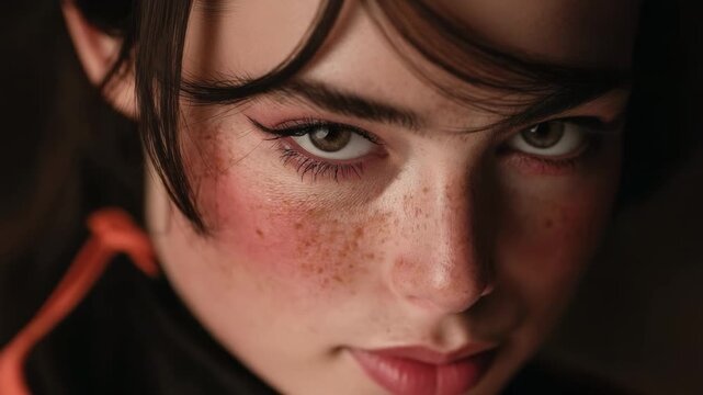 Close-up of a person with freckles and rosy cheeks, dark hair framing the face, and an intense gaze.